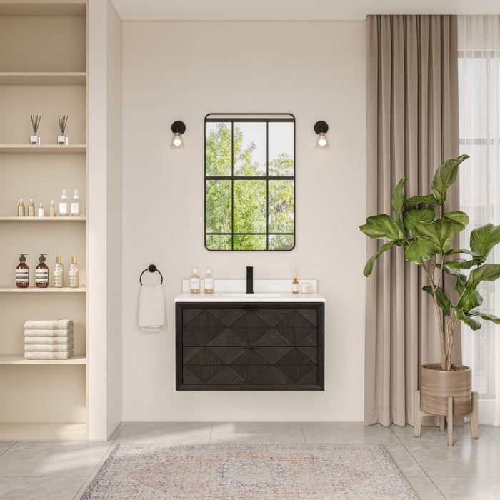 Gigi Traditional 36" Single Bathroom Vanity in Brown Oak – Free-Standing with White Stone Top & Pre-Drilled Faucet Hole