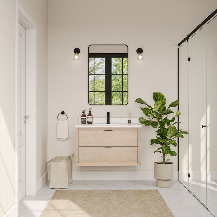 Flax 36" Whitewashed Oak Vanity Cabinet - White Artificial Stone Top with Rectangle Basin & Soft Close Drawers