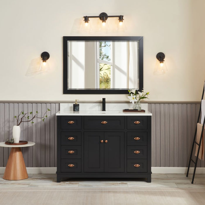 Haversham 48" Tricorn Black Free-Standing Single Vanity - Solid Wood Construction with 8 Dovetail Drawers & Stone Top