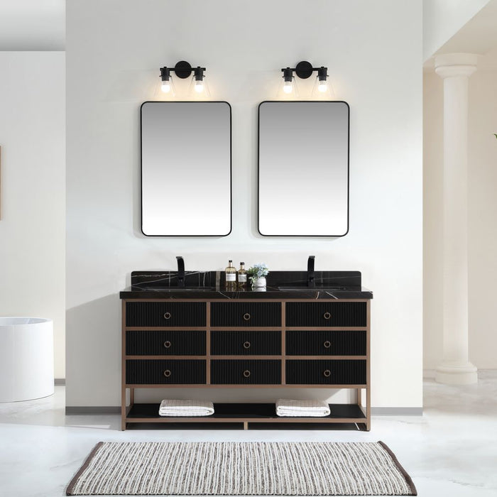 72" Double Vanity With Golden Brush Stainless Steel Frame And Tricorn Black Finish With 2' Thick Black Natual Stone Top