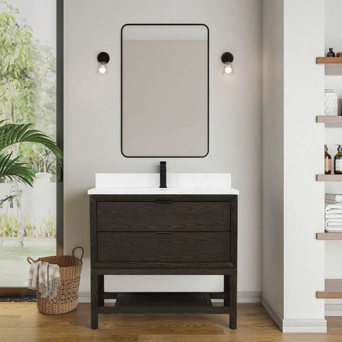 Adkin 36" Brown Oak Finish Bathroom Vanity – 1" Thick Artificial Stone Countertop