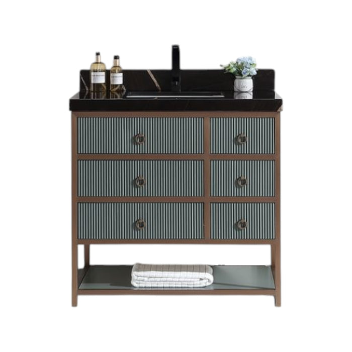 Norwich Modern Industrial 36" Single Sink Bathroom Vanity in Pewter Green – Golden Brush Steel & Oak Construction with Marble Top