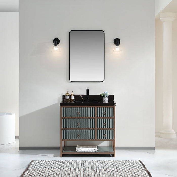Norwich Modern Industrial 36" Single Sink Bathroom Vanity in Pewter Green – Golden Brush Steel & Oak Construction with Marble Top