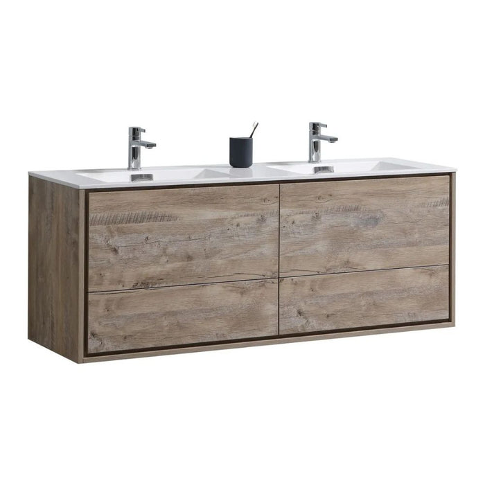 Odilia Nature Wood 60" Wall Mount Double Sink Vanity – Modern Bathroom Vanity with 4 Drawers