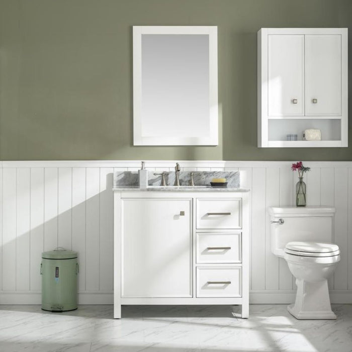 Calirette 36" White Single Sink Vanity with Carrara White Marble Top - 3 Drawer Storage