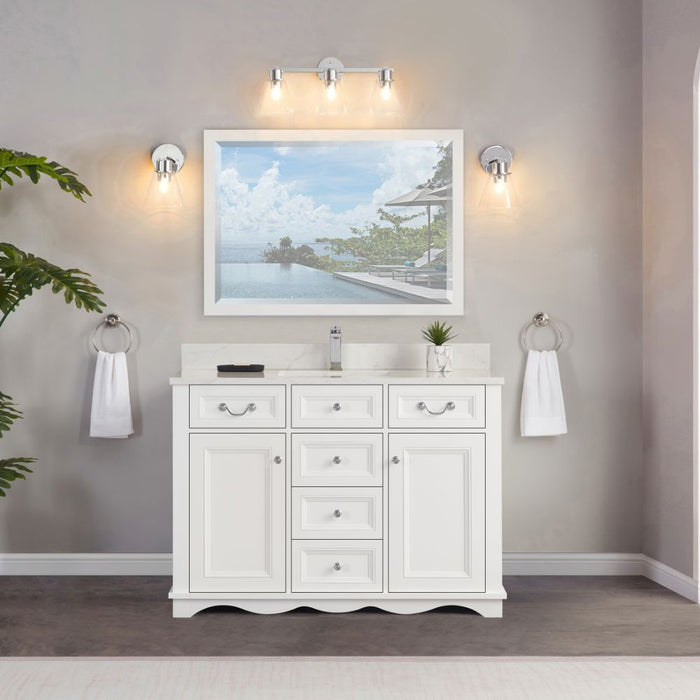 Arielle 48" White Wood Single Sink Vanity Cabinet - Artificial Stone Countertop, Soft-Close Doors & 5 Drawers