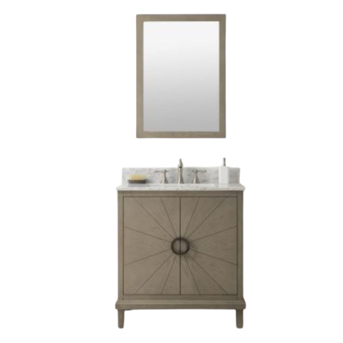 Single Sink Bathroom Vanity in Antique Gray Oak – Magi White Countertop with Pre-Drilled Faucet Holes