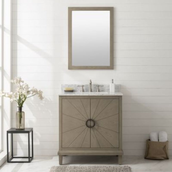Single Sink Bathroom Vanity in Antique Gray Oak – Magi White Countertop with Pre-Drilled Faucet Holes