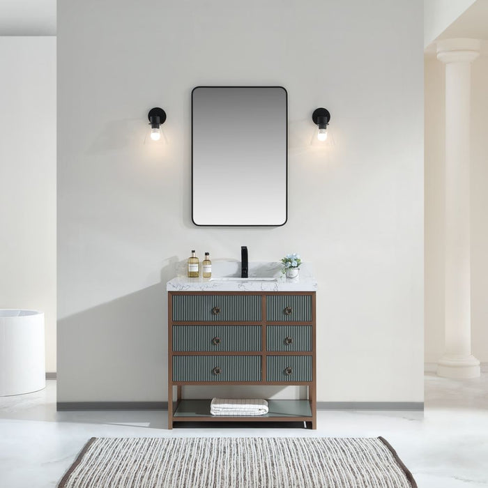 Napoleon Contemporary 36" Pewter Green Golden Brush Vanity Cabinet – Solid Oak Frame with White Ceramic Sink & Stone Top