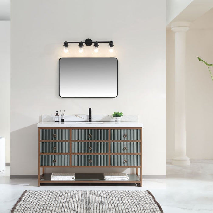 Annetha 60" Single Vanity Pewter Green Golden Brush Stainless Steel Frame – Modern Bathroom Vanity with 2" White Natural Stone Top