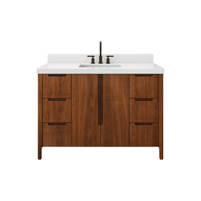 48-Inch Freestanding Terra Bathroom Vanity - Noir Juglans Wood with Whitebrook Quartz & Oil-Rubbed Bronze Faucet