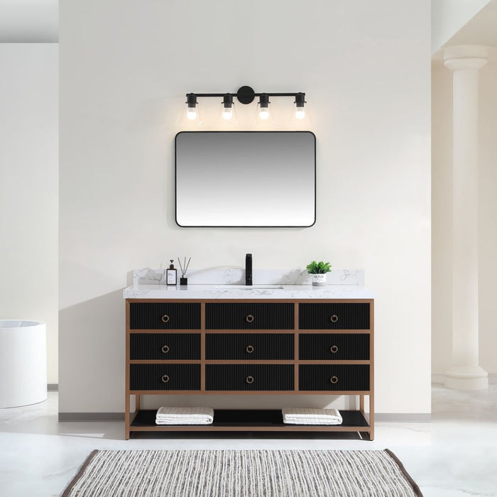 Alena 60" Single Tricorn Black Golden Brush Vanity – Contemporary Oak Frame with White Stone Top