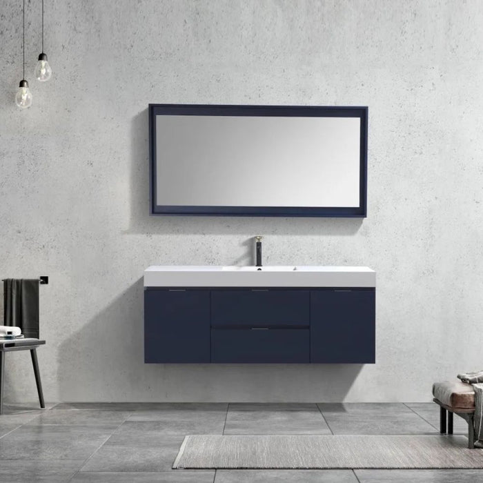 Teagan 60" Blue Wood Veneer Wall Mount Vanity - Modern Bathroom Single Sink with Integrated Top
