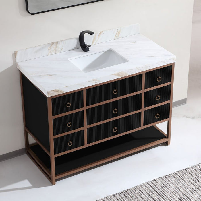 Cayla 48" Tricorn Black Double Sink Bathroom Vanity – Contemporary Golden Brush Steel with Marble Countertop