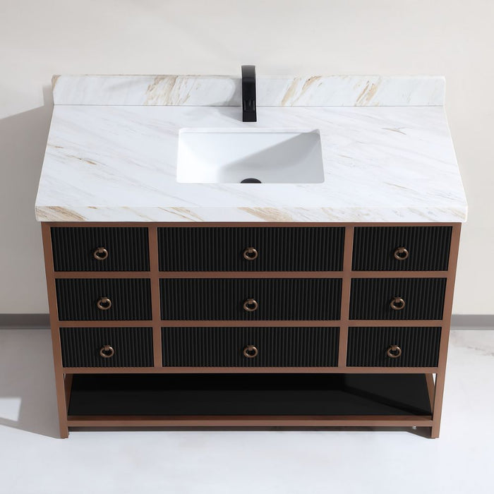 Cayla 48" Tricorn Black Double Sink Bathroom Vanity – Contemporary Golden Brush Steel with Marble Countertop