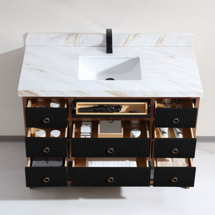 Cayla 48" Tricorn Black Double Sink Bathroom Vanity – Contemporary Golden Brush Steel with Marble Countertop