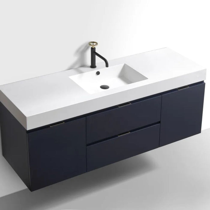 Teagan 60" Blue Wood Veneer Wall Mount Vanity - Modern Bathroom Single Sink with Integrated Top
