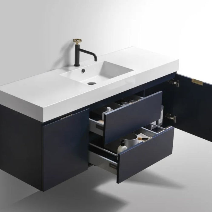 Teagan 60" Blue Wood Veneer Wall Mount Vanity - Modern Bathroom Single Sink with Integrated Top