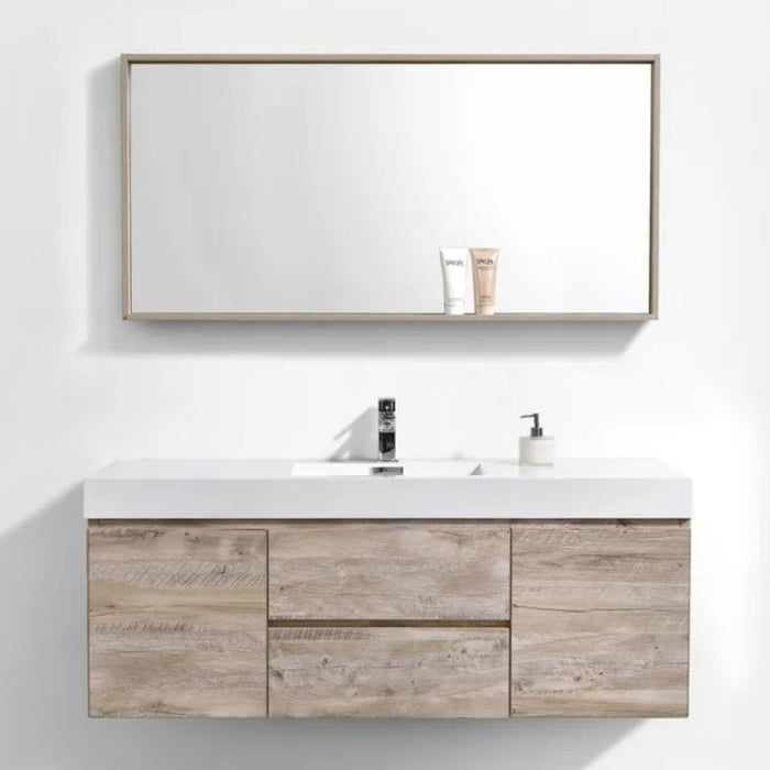 Alexi 60" Nature Wood Modern Bathroom Vanity - Wall Mount Single Sink with Acrylic Top