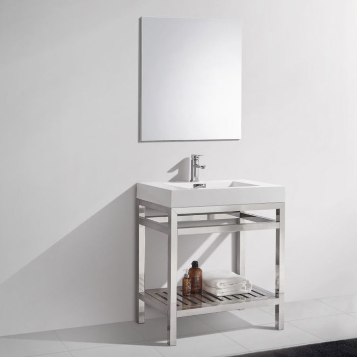 Fenno 30" Chrome Stainless Steel Console – Powder Room Vanity with Reinforced Acrylic Integrated Sink