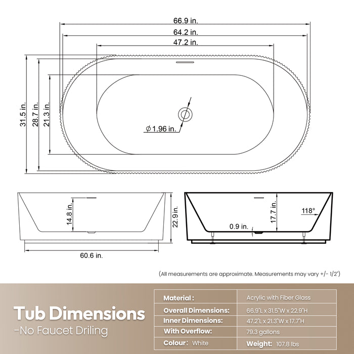 66.9 Inch Sulin Freestanding Soaking Tub – Deep Acrylic Bathtub with Smooth Curves and Spacious Interior