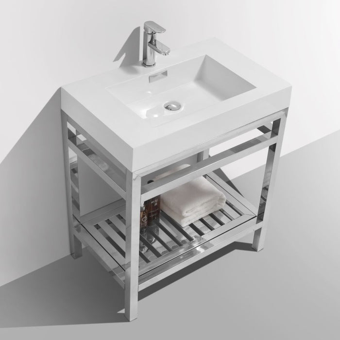 Fenno 30" Chrome Stainless Steel Console – Powder Room Vanity with Reinforced Acrylic Integrated Sink