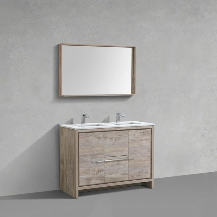 Brevin 48" Nature Wood Double Vanity Cabinet – Modern Bathroom Vanity with White Quartz Top & Soft-Close Hardware