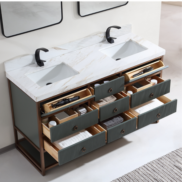 60" Double Vanity Stainless Steel Golden Brush Frame – Contemporary Pewter Green 2" White Marble Top 9 Drawers
