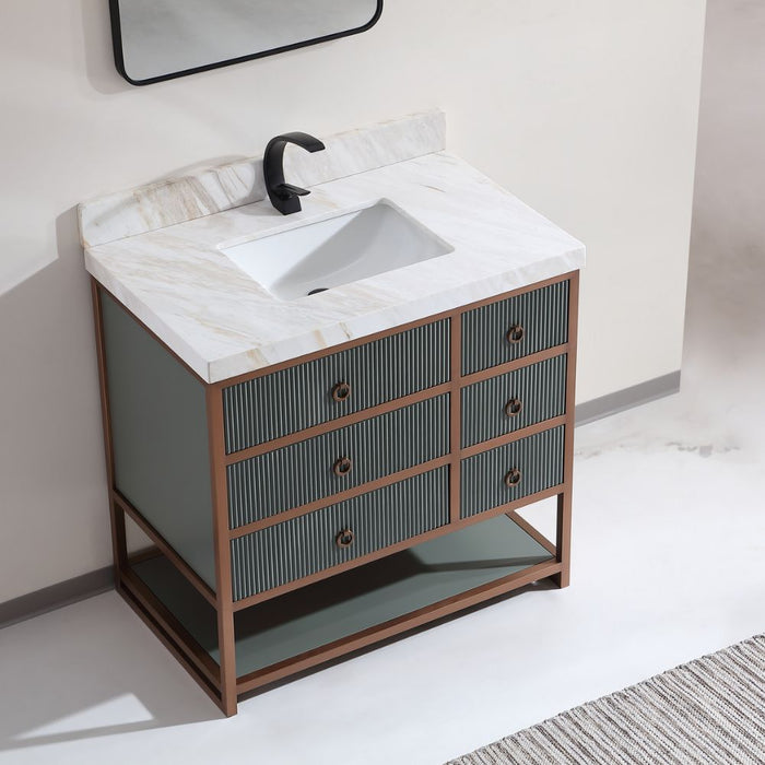 FusionBath 36" Pewter Green Stainless Steel Bathroom Vanity – Modern Golden Brush Oak Frame White Artificial Stone