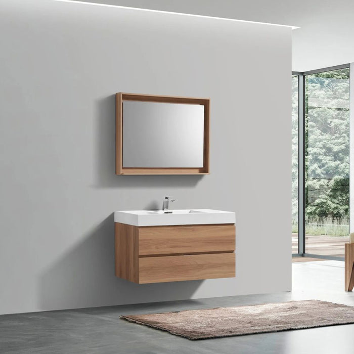 Adrin 36" Honey Oak Wood Wall Mount Modern Bathroom Vanity – European Soft-Close Drawers & Single Hole Faucet