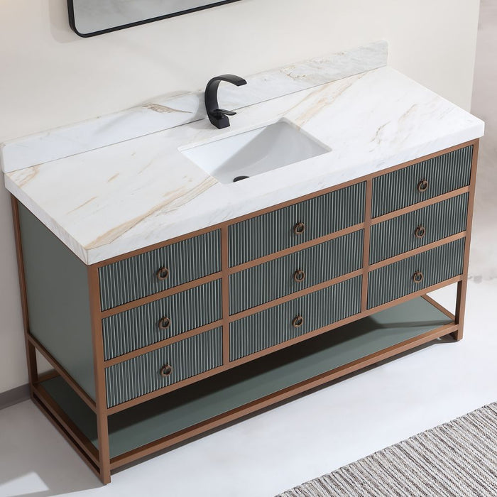 Annetha 60" Single Vanity Pewter Green Golden Brush Stainless Steel Frame – Modern Bathroom Vanity with 2" White Natural Stone Top