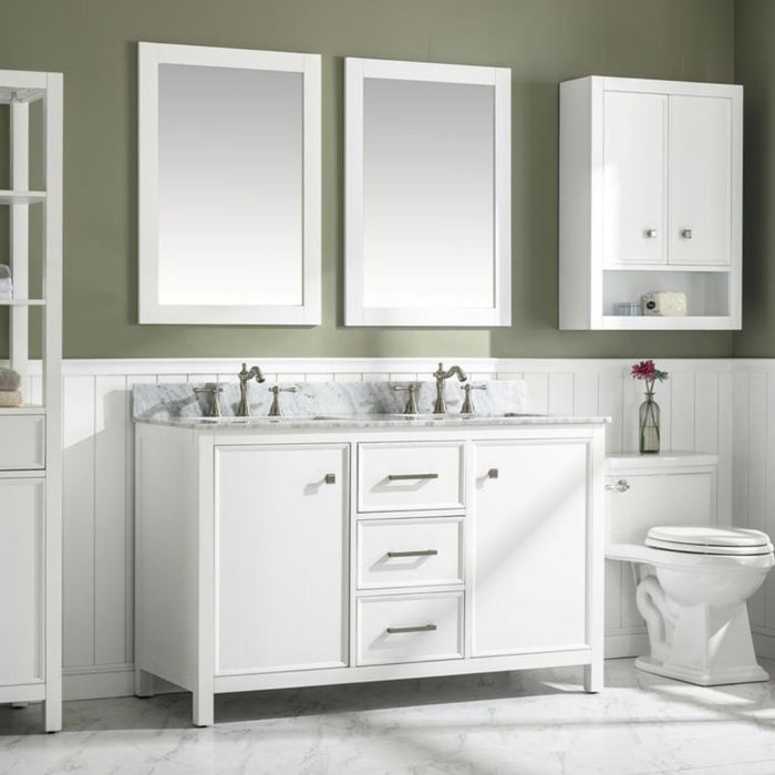 Barnstorm 54" White Modern Double Sink Bathroom Vanity with Carrara Marble Top & Storage Drawers