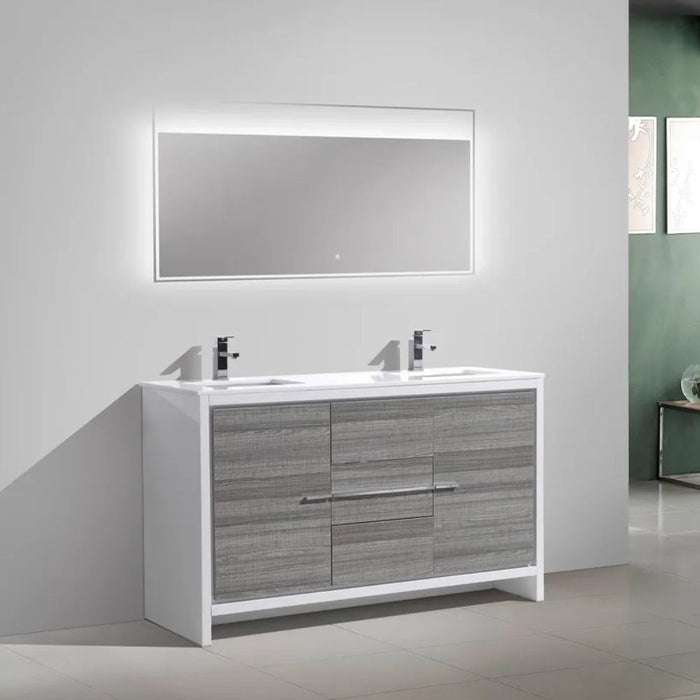 Emmie 60" Ash Gray Modern Bathroom Vanity with Double Sink – White Quartz Counter and Soft Close Drawers