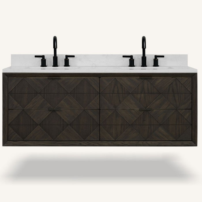 Honore 60" Brown Oak White Stone Bathroom Vanity – Premium 4-Drawer with 1" Thick Countertop
