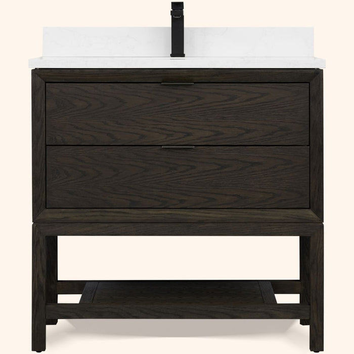 Adkin 36" Brown Oak Finish Bathroom Vanity – 1" Thick Artificial Stone Countertop