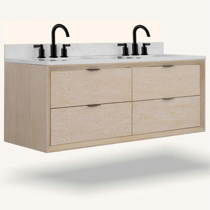 Adra 60" Whitewashed Oak Bathroom Vanity with 1" White Artificial Stone Countertop - Single Sink Free-Standing Vanity