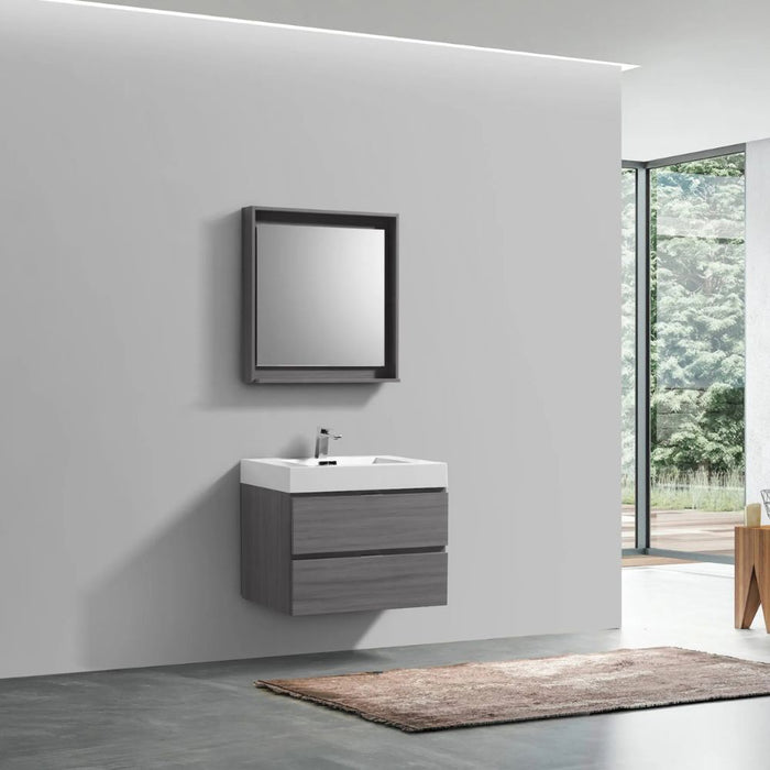 Vulcan Bliss 30" Vulcan Ash Grey Wood Veneer Wall Mount Bathroom Vanity – Modern Style with Soft-Close Drawers