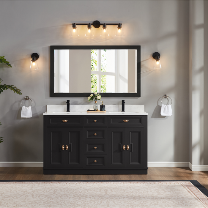 Louvain 60" Tricorn Black Freestanding Bathroom Vanity with Stone Countertop and Soft-Close Drawers