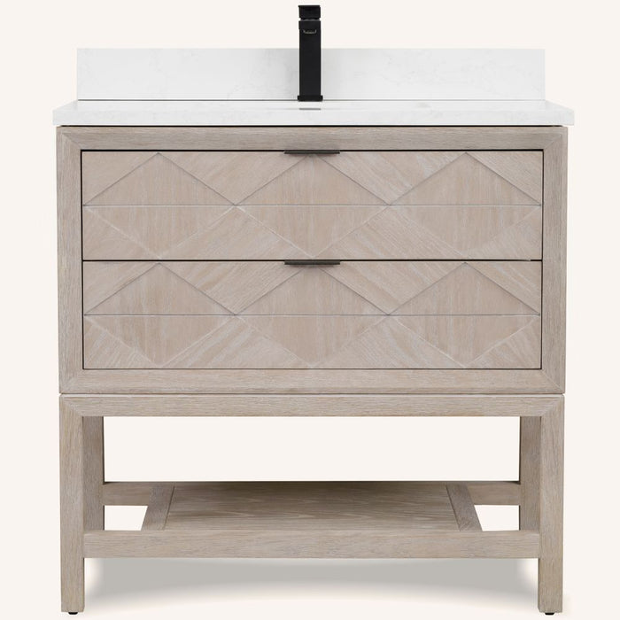 Harding 36" Whitewashed Oak Wood Vanity with White Stone Top - 2 Drawer Bathroom Cabinet