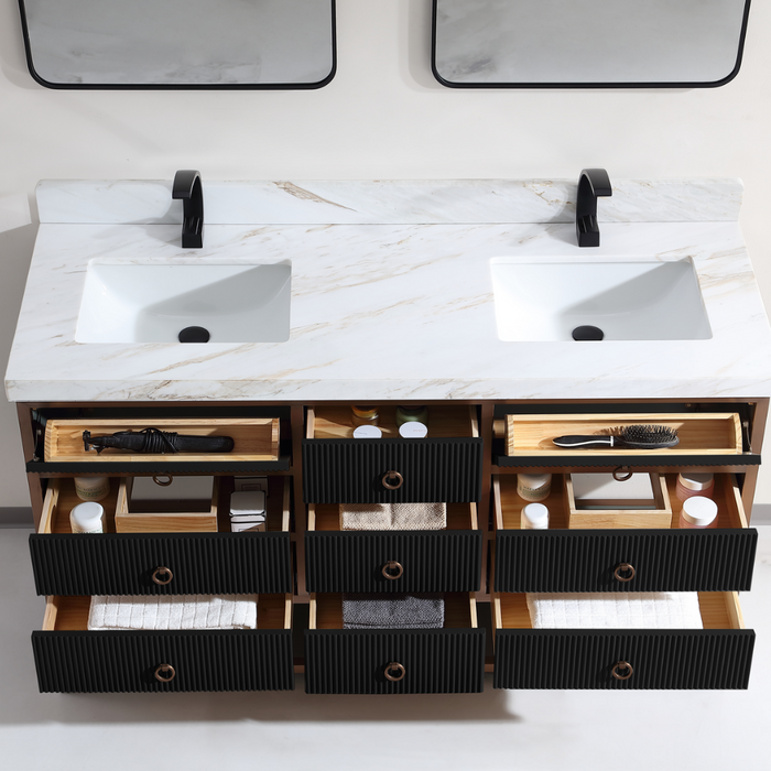 Venza 60" Double Vanity Golden Brush Stainless Steel Frame Tricorn Black Oak Wood – Modern Bathroom Vanity with 2" White Natural Marble Top