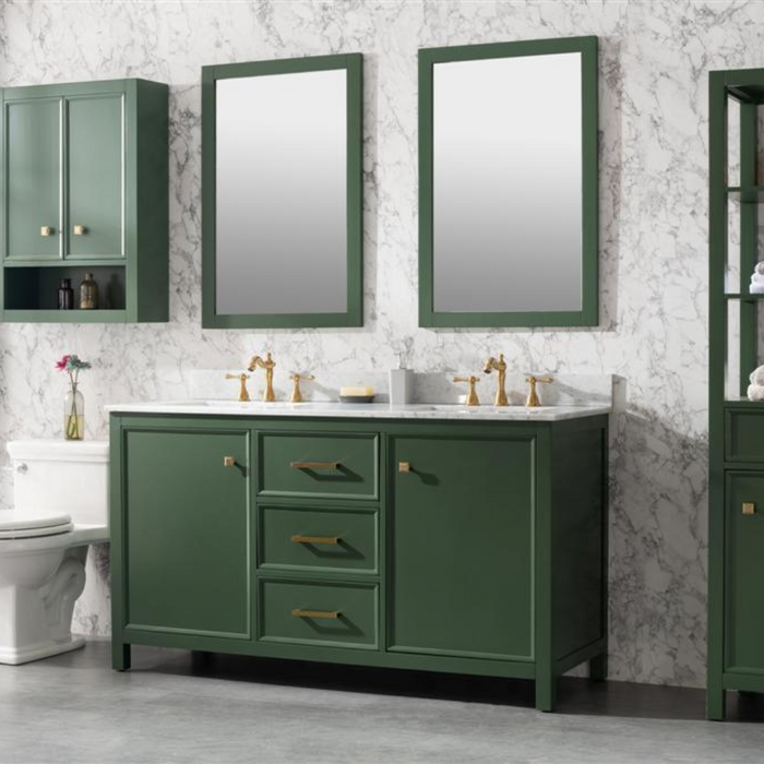 60" Seva Green Finish Double Sink Bathroom Vanity Cabinet with Carrara White Marble & 3 Drawers