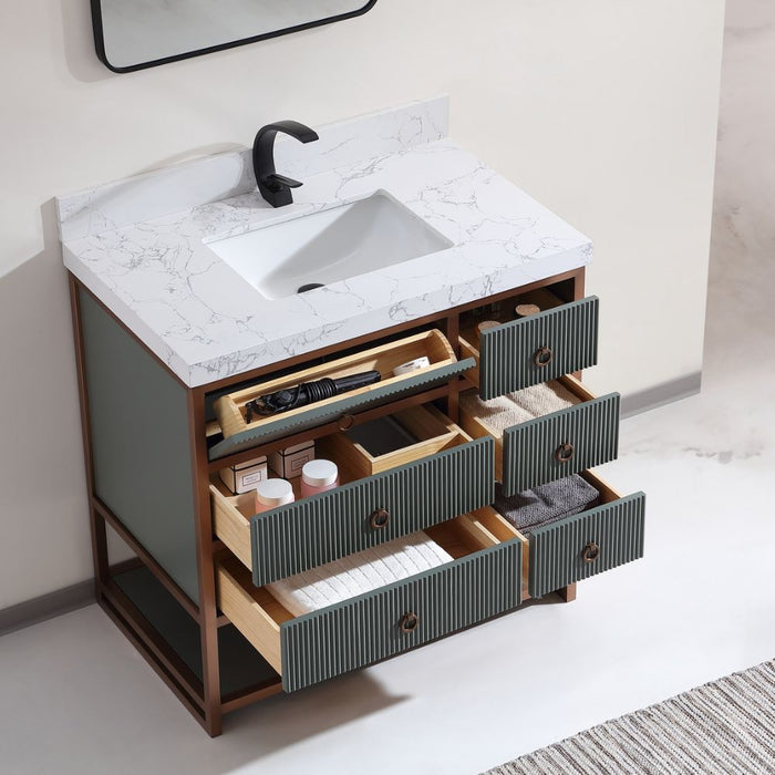 Napoleon Contemporary 36" Pewter Green Golden Brush Vanity Cabinet – Solid Oak Frame with White Ceramic Sink & Stone Top