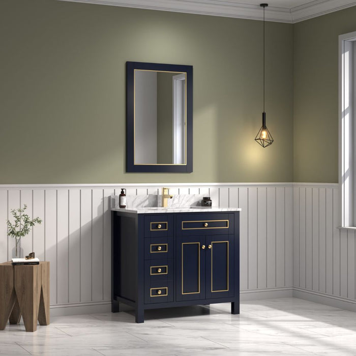 Jacy 36" Blue Wood Bathroom Vanity with Carrara White Top, Single Sink, and Dovetail Drawers