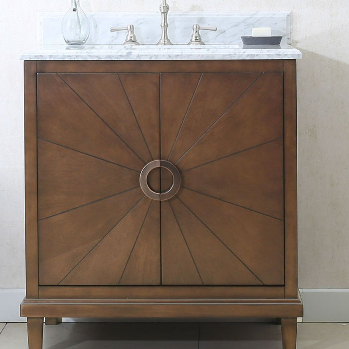 Odette 30" Antique Coffee Bathroom Vanity Cabinet – White Carrara Top Pre-Drilled for Faucets