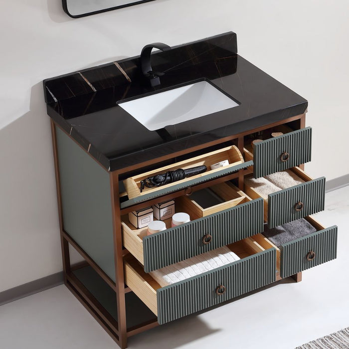 Norwich Modern Industrial 36" Single Sink Bathroom Vanity in Pewter Green – Golden Brush Steel & Oak Construction with Marble Top