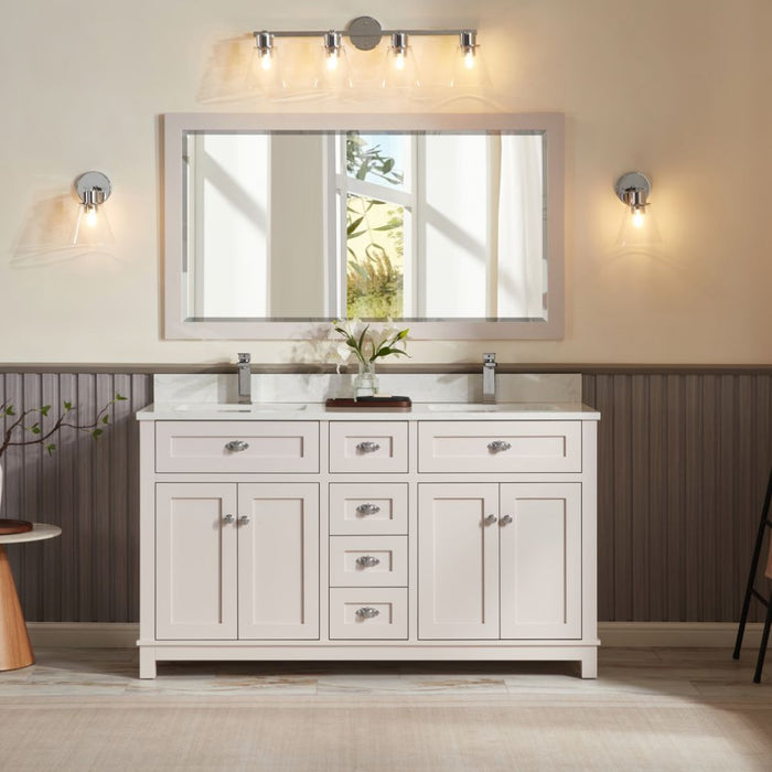 Cassandra 60" Solid Wood Bathroom Vanity White Finish Undermount Sink & Stone Top