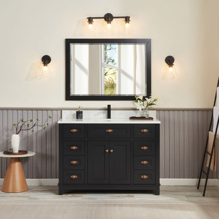 Haversham 48" Tricorn Black Free-Standing Single Vanity - Solid Wood Construction with 8 Dovetail Drawers & Stone Top