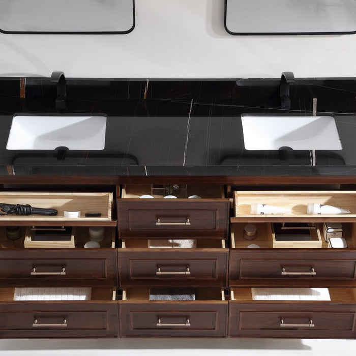 Catia 72" Double Sink Vanity Dark Finish - 2" Black Natural Marble Top with Ceramic Sinks