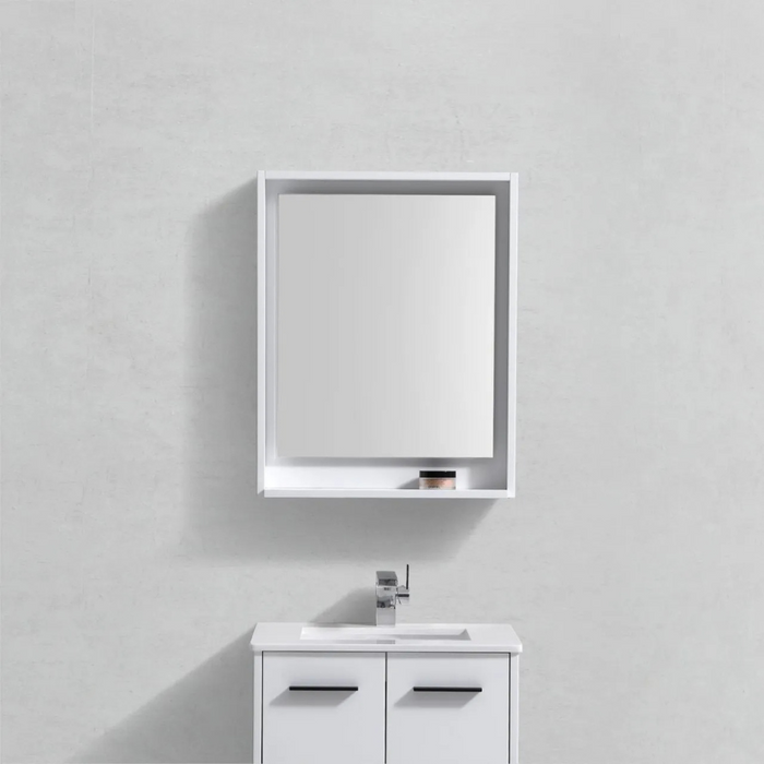 Rumi 24" Gloss White Framed Bathroom Mirror – Wall Mount Mirror with Bottom Shelf Storage
