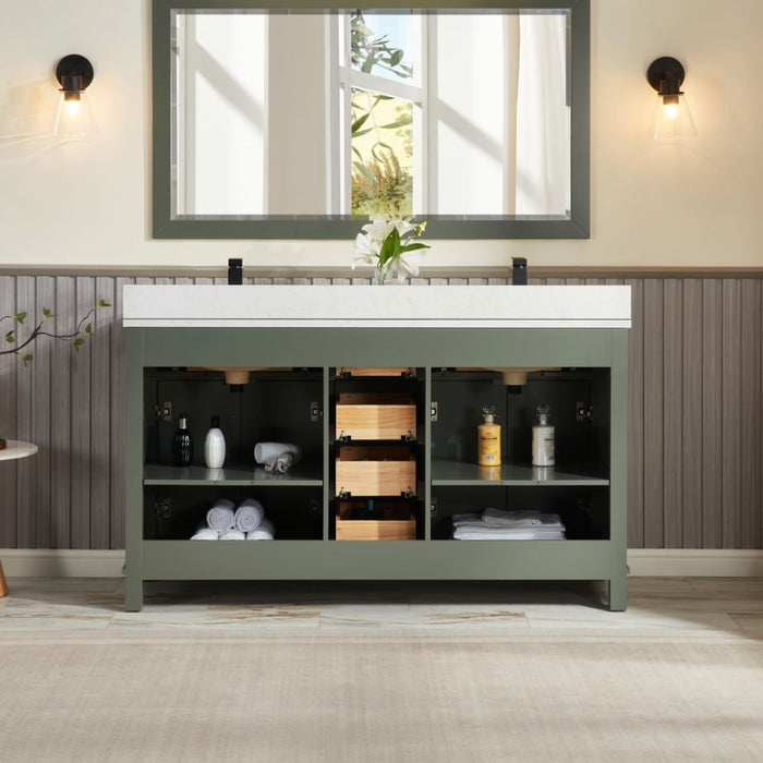 Mathias 60" Pewter Green Wood Bathroom Vanity with 1" Stone Countertop Undermount Sink Soft Close Hardware